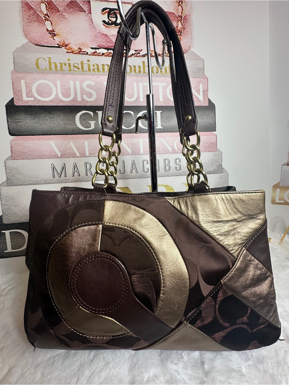Coach Vintage Brown & Gold Patchwork Shoulder Tote